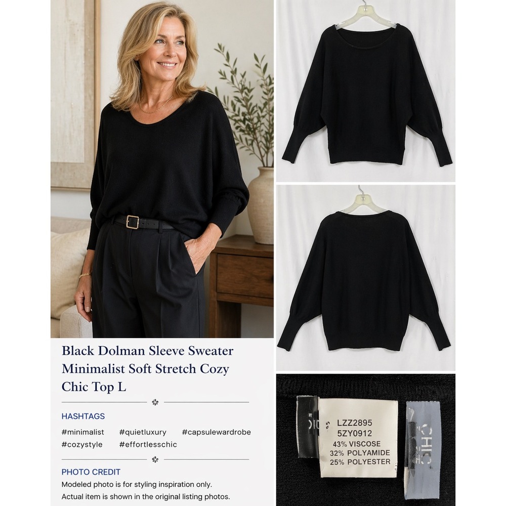 Black Dolman Sleeve Sweater Minimalist Soft Stretch Cozy Chic‎ Top L